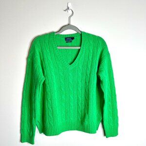 Polo Ralph Lauren 100% Cashmere Bright Green Cable-Knit V-Neck Sweater Preppy M